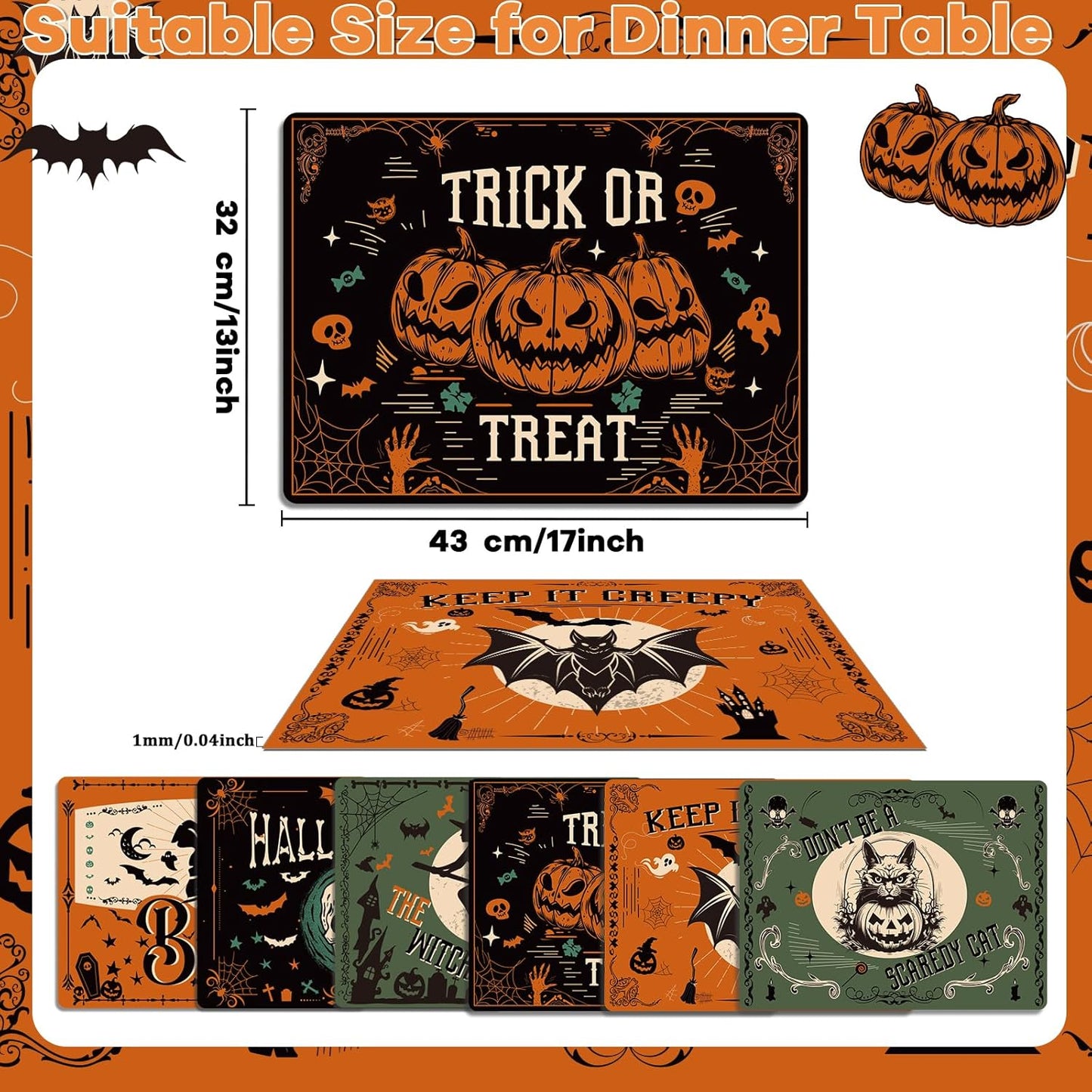 Halloween Placemats Set of 6 Gothic Bat Plastic Table Mats Pumpkin Witch Skull Ghost Halloween Place Mats Washable Vinyl Rustic Table Decoration for Indoor Outdoor Party Kitchen Dining