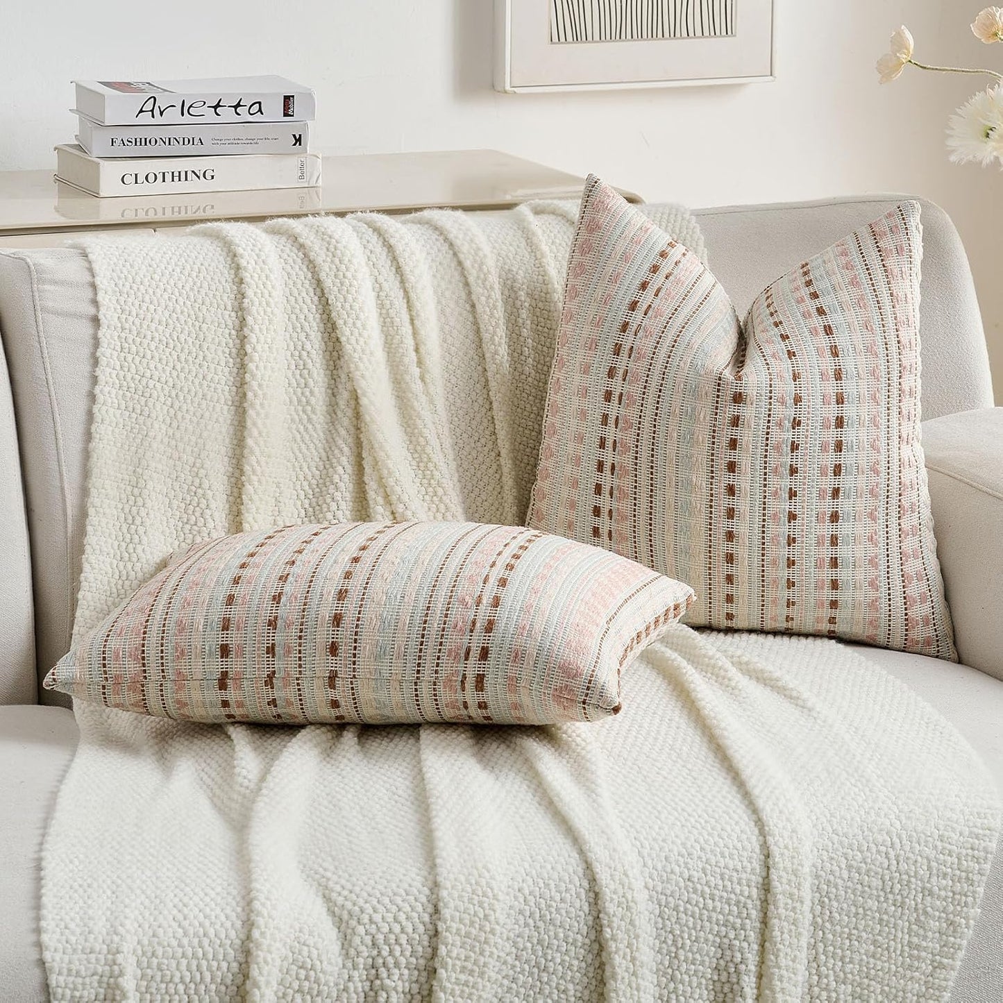 FUTEI Pink Blue Decorative Throw Pillow Covers 20x20 Inch Set of 2,Soft Cozy Chenille Jacquard Textured Cushion Case,Boho Home Decor for Couch Bed Living Room