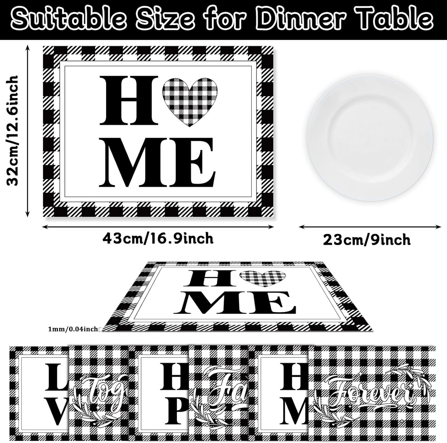 Love Family Placemats Set of 6 Buffalo Plaid Plastic Table Mats Black and White Plaid Place Mats Washable Vinyl Love Home Checkered Table Decoration for Indoor Outdoor Party Kitchen Dining