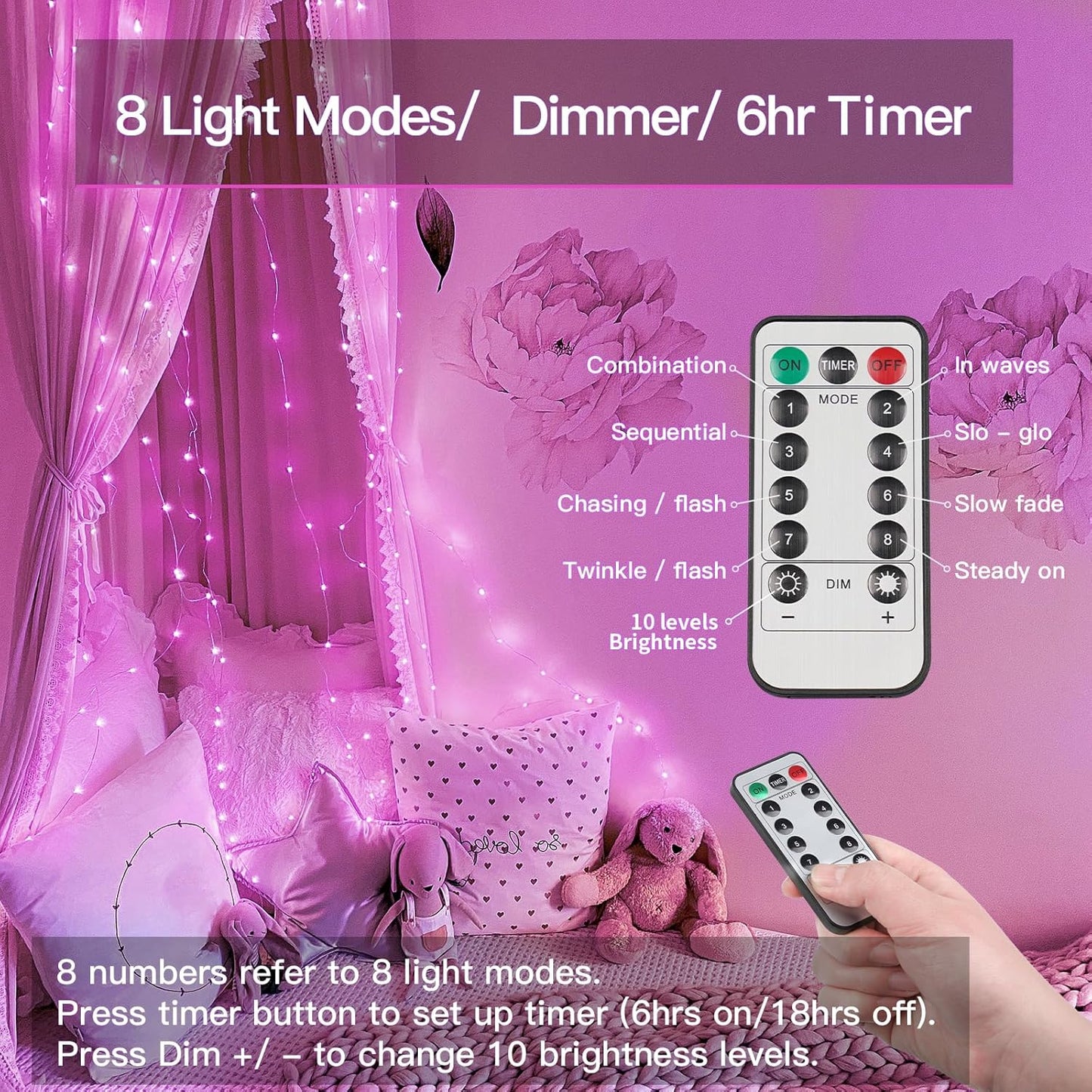 suddus Pink Christmas Fairy Lights Battery Operated Outdoor Waterproof, 66ft 200 Led String Lights with Remote, Twinkle Lights for Bedroom, Dorm, Tapestry, Party Decorations