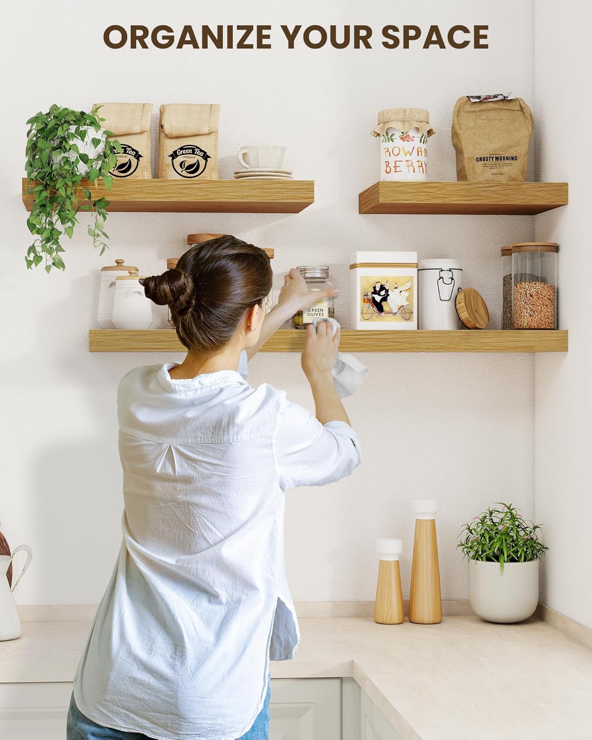 Marsmiles 36" Floating Shelves for Wall, Wooden Shelves with Invisible Brackets Set of 2, Rustic Farmhouse Wall Mounted Shelf for Kitchen Bathroom Living Room Study, Natural Oak