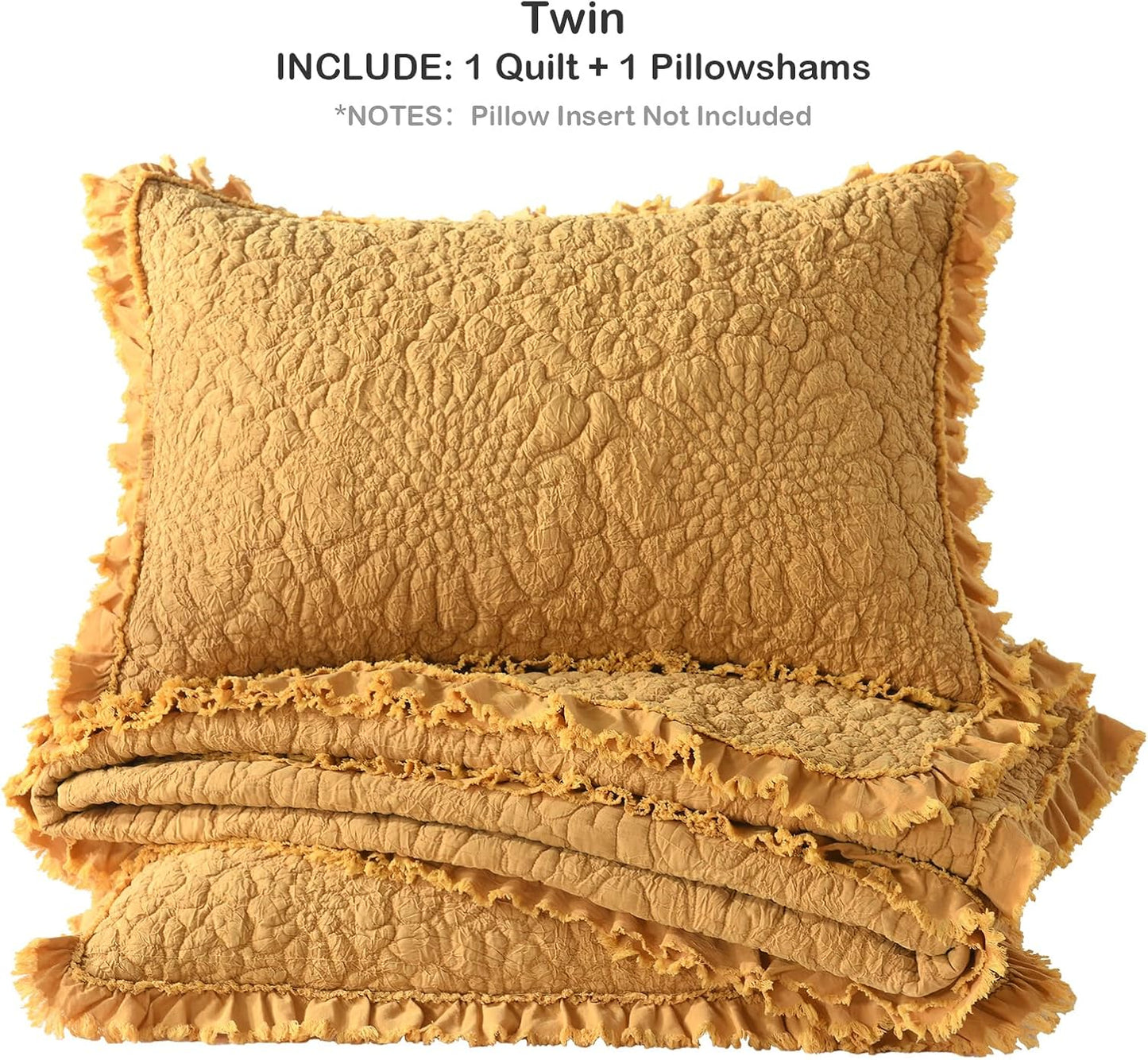 HORIMOTE HOME Yellow Ruffled Quilt Twin Size, Stone-Washed Microfiber Lightweight Crinkled Farmhouse Rustic Shabby Chic Bedding Set, 2 Pieces Reversible Bedspread with Pillow Sham for All Season