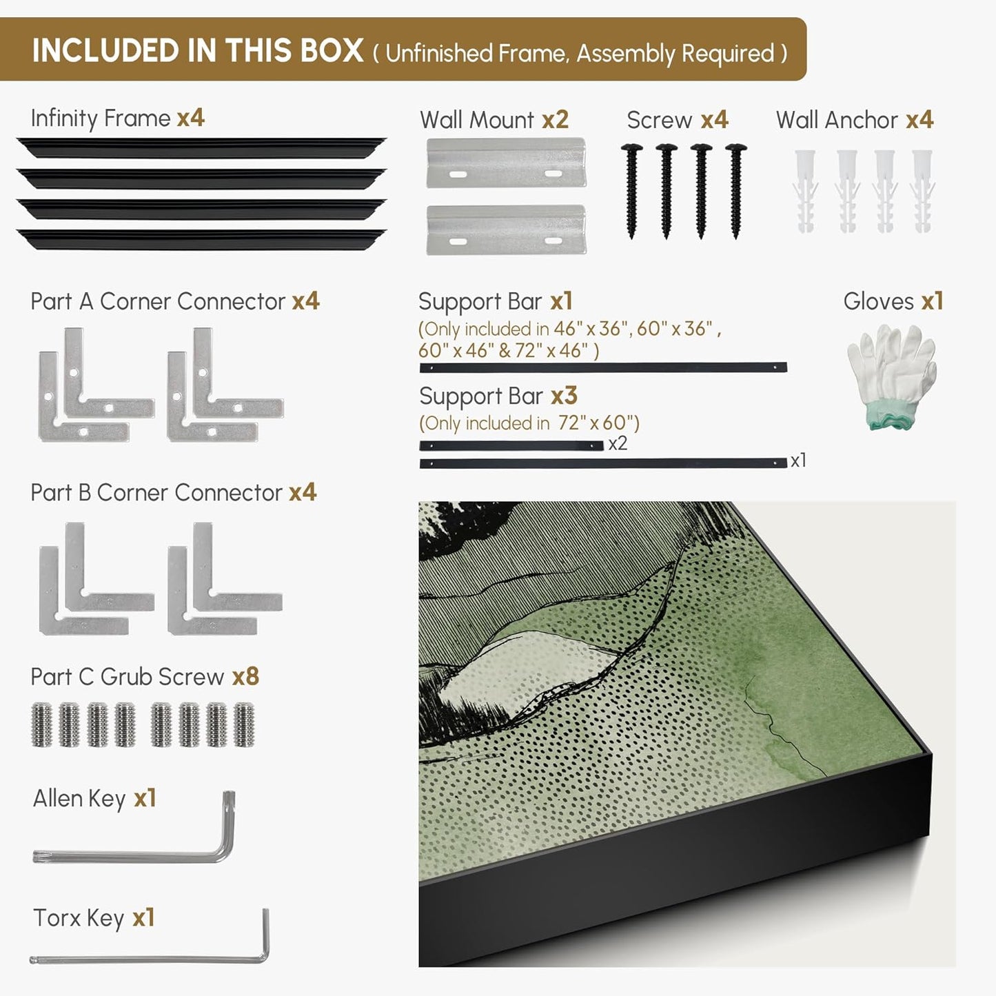 SIGNWIN 46"x72" Extra Large Framed Wall Art Green Line Art Mountain Landscape Illustration for Home Living Room Bedroom Decor (Frame Assembly Required)