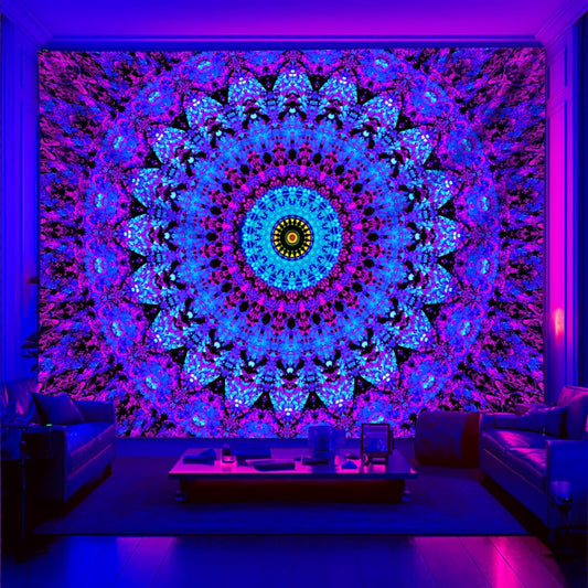 Blacklight Mandala Boho Tapestry, Black Light Bohemian Hippie Poster for Adults and Teens, UV Reactive Aesthetic Wall Art Decor for Bedroom (80 x 60 Inches)