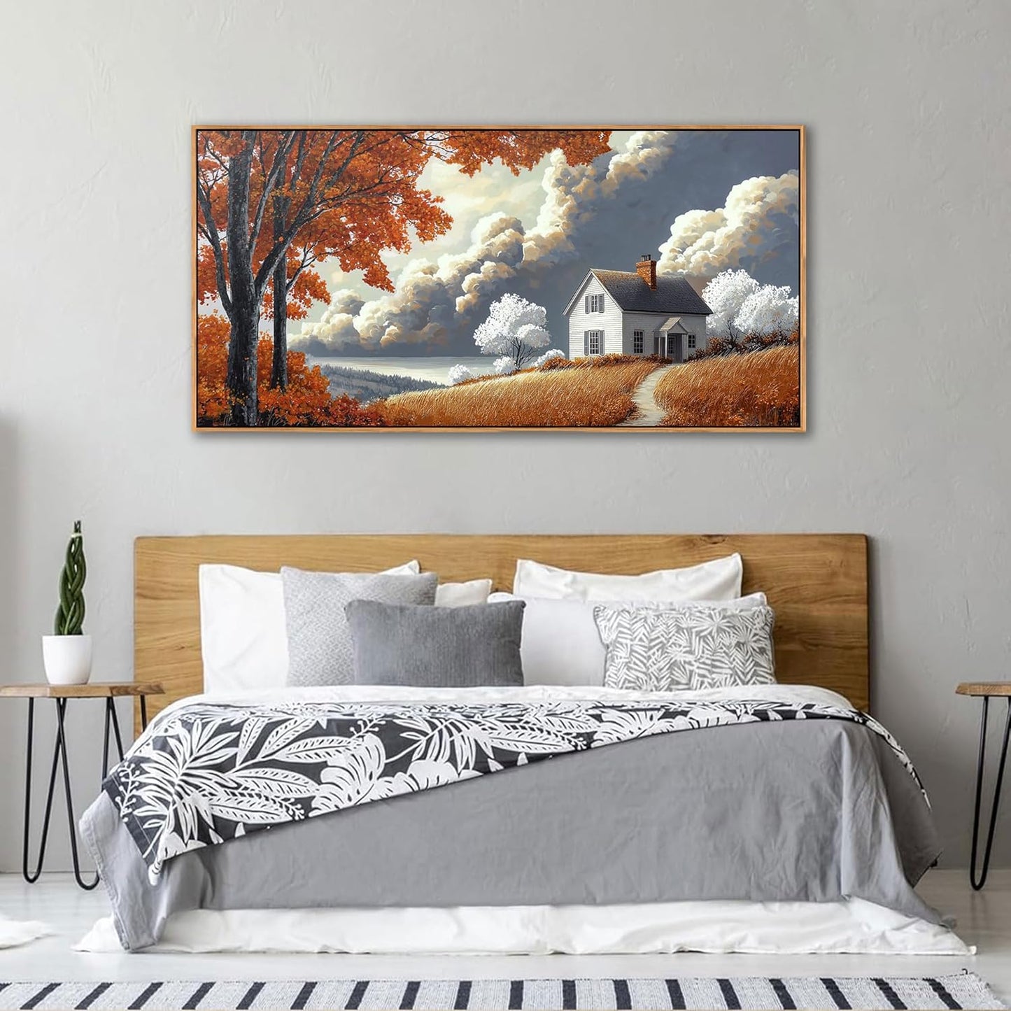 QZQCBLC Orange Landscape Wall Art, Large Abstract White Clouds Houses Scenery Gallery Pictures Farmhouse Canvas Painting Framed Artwork for Living room Bedroom kitchen Home Office Decor 24x48 IN