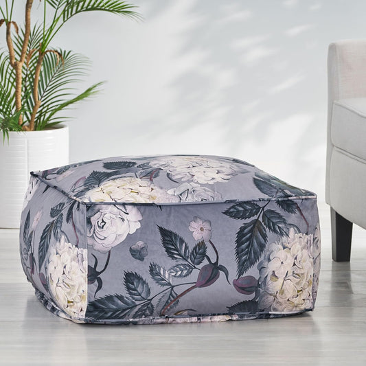 GDFStudio Traditional Velvet Flower Print Cube Pouf Ottoman Foot Stool - Bean Bag Floor Chair - Foot Rest Couch for Living Room Bedroom,Large Flower Print on Gray,24"" x 24"" x 12"", 314502N