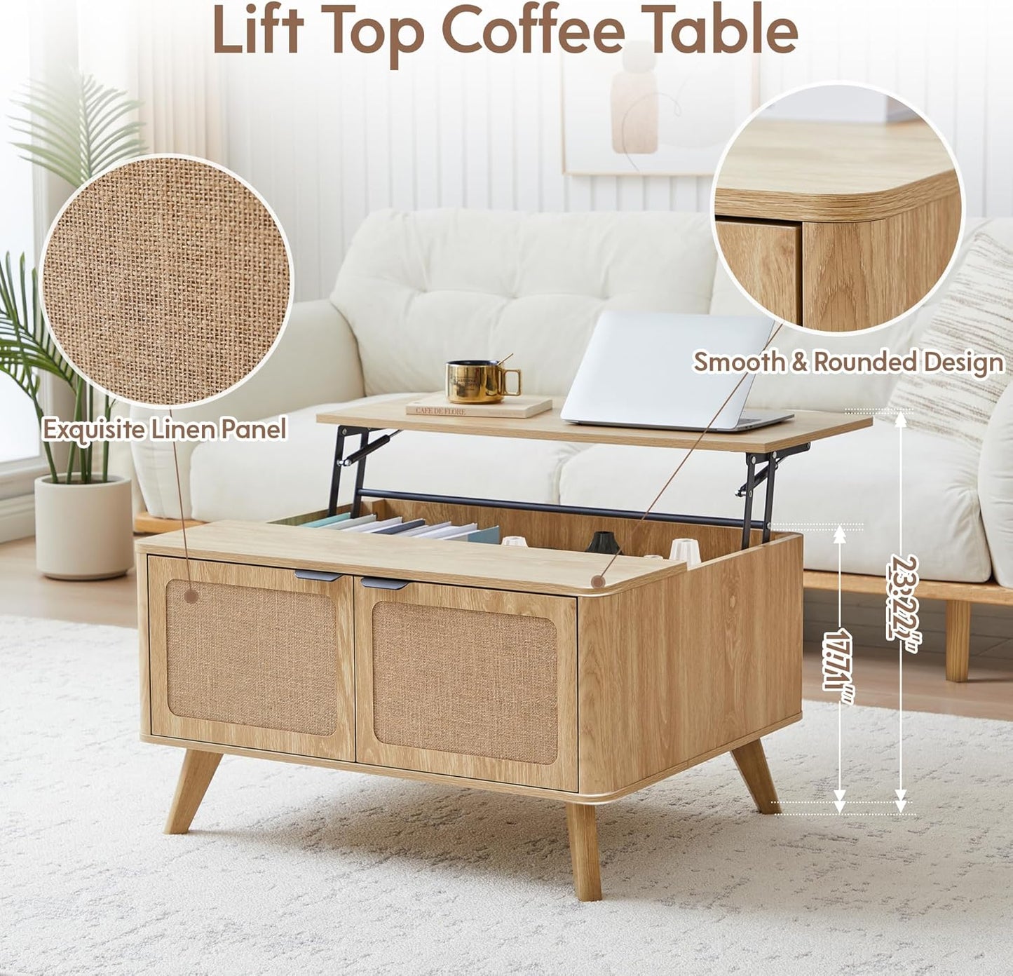 AVZEAR Wood Lift Top Coffee Table with Storage, Boho Modern Coffee Table with Nature Linen Doors & Large Hidden Storage, Rounded Corners Center Table Farmhouse Coffee Tables for Living Room, Natural