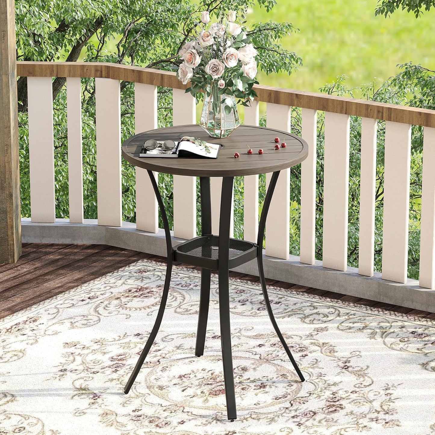 VICLLAX 28" Round Outdoor Bar Table with Adjustable Umbrella Hole, Counter Height Outdoor Furniture for Balcony, Grey Wood-Like