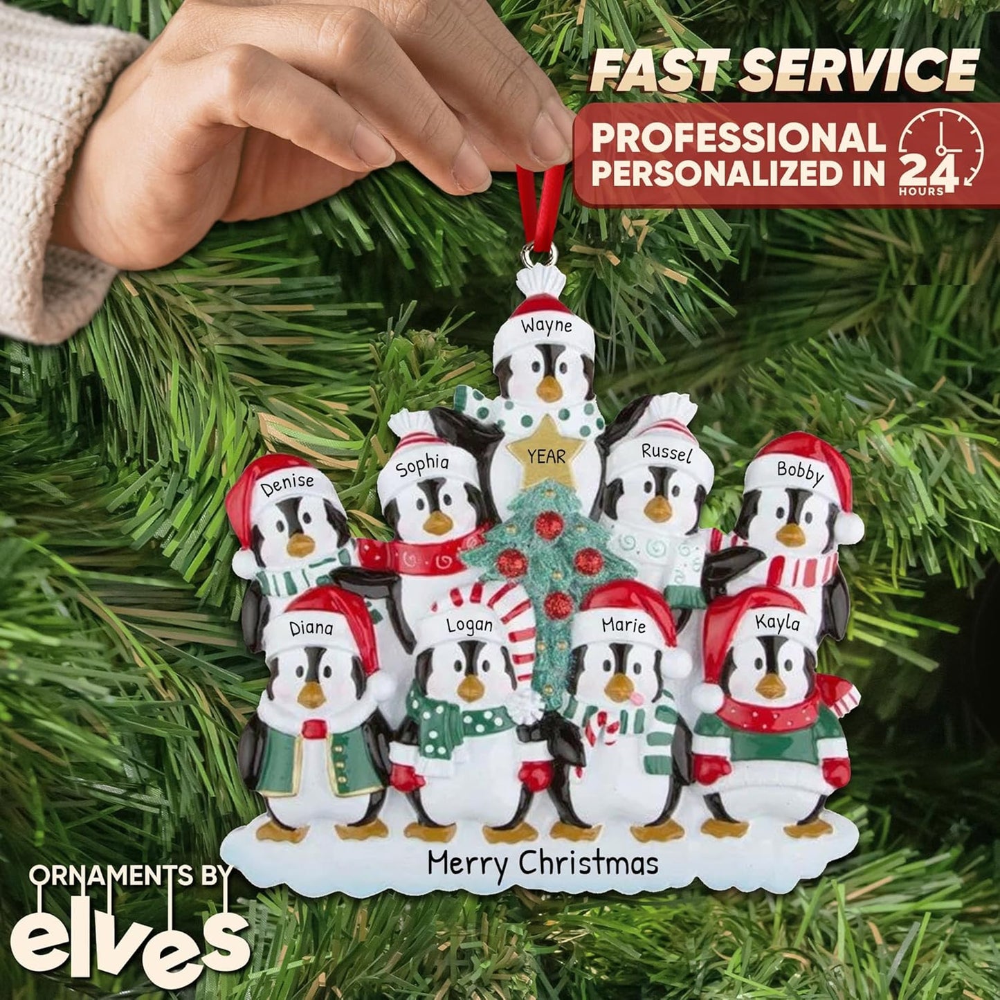 3D Penguin Family of 9 Ornament 2025 Personalized Family Christmas Ornaments 2025 | Snowy Xmas Tree Holiday Penguins Personalized Tree Ornaments for Grandchildren Siblings & Grandkids of Nine Ornament