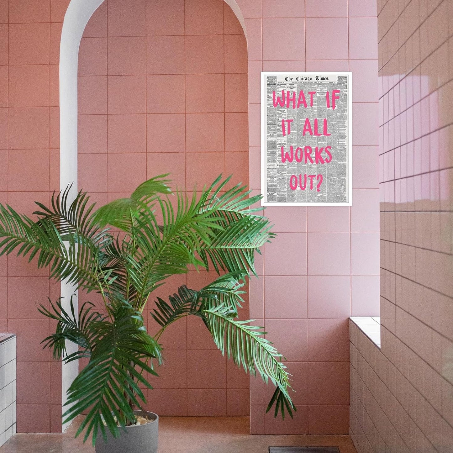 Liyark Retro Trendy Newspaper Canvas Wall Art - 'What If All Works Out' Positive Affirmation Quote - Pink Font - Minimalist Home Decor - 16x24in Unframed