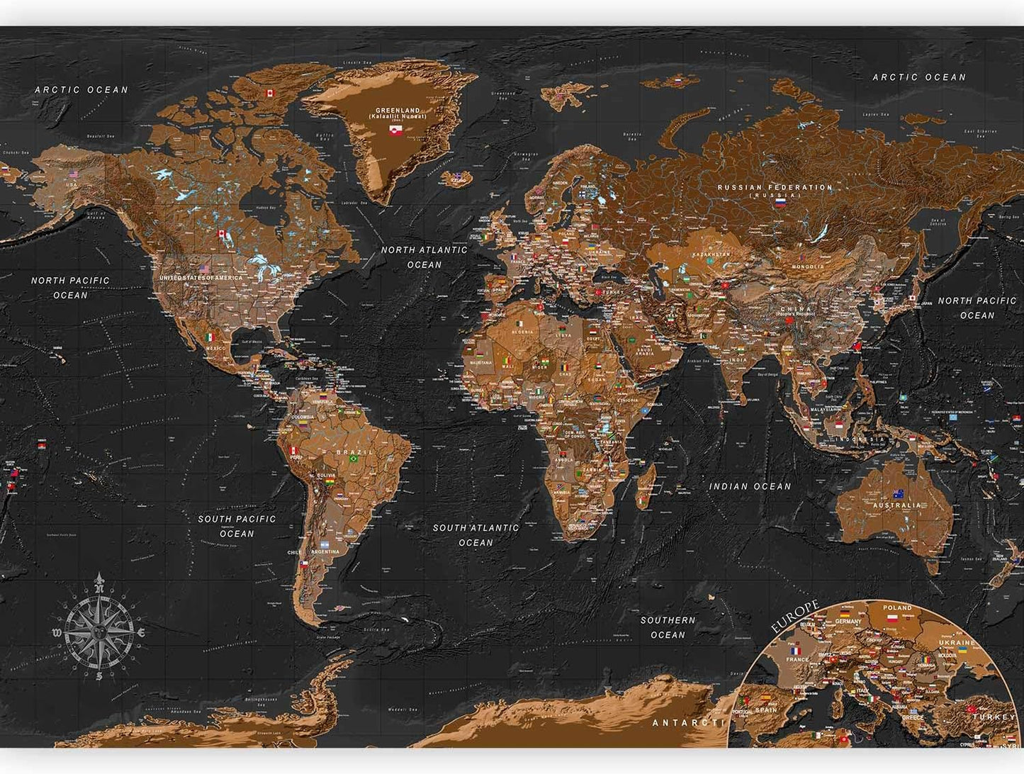 artgeist Premium Wall Mural World Map 79x55 in - XXL Non-Woven Wallpaper Fleece Wall Decor Photo Print Picture Image Design Home Map of The World k-A-0206-a-a