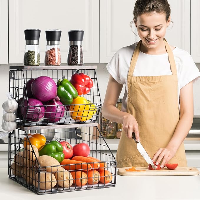 Fruit Basket, Stackable Wall Mounted Fruit Baskets, Potato Baskets Onion Storage for Kitchen, Hanging Wire Basket with Wood Lid, 2-Tier Vegetable Organizer Kitchen Countertop Organization