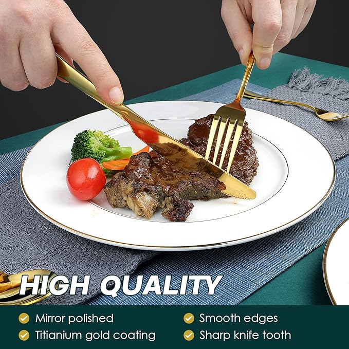 Gold Silverware Set for 8, OGORI 45-Piece Stainless Steel Flatware Set with Serving Set, Mirror Polished Cutlery Set with Serving Utensils Spoon for Kitchen Party Supply