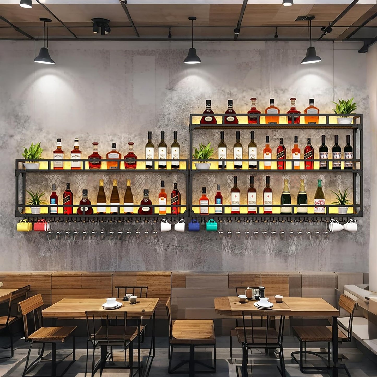 Modern Wine Rack Wall Mounted With Glass Holder,3-Tier Bar Liquor Shelf,Black,Metal Large Capacity Hanging Wine Storage Racks,Iron Floating Bar Shelves For Liquor Bottles,For Kitchen Dining Room