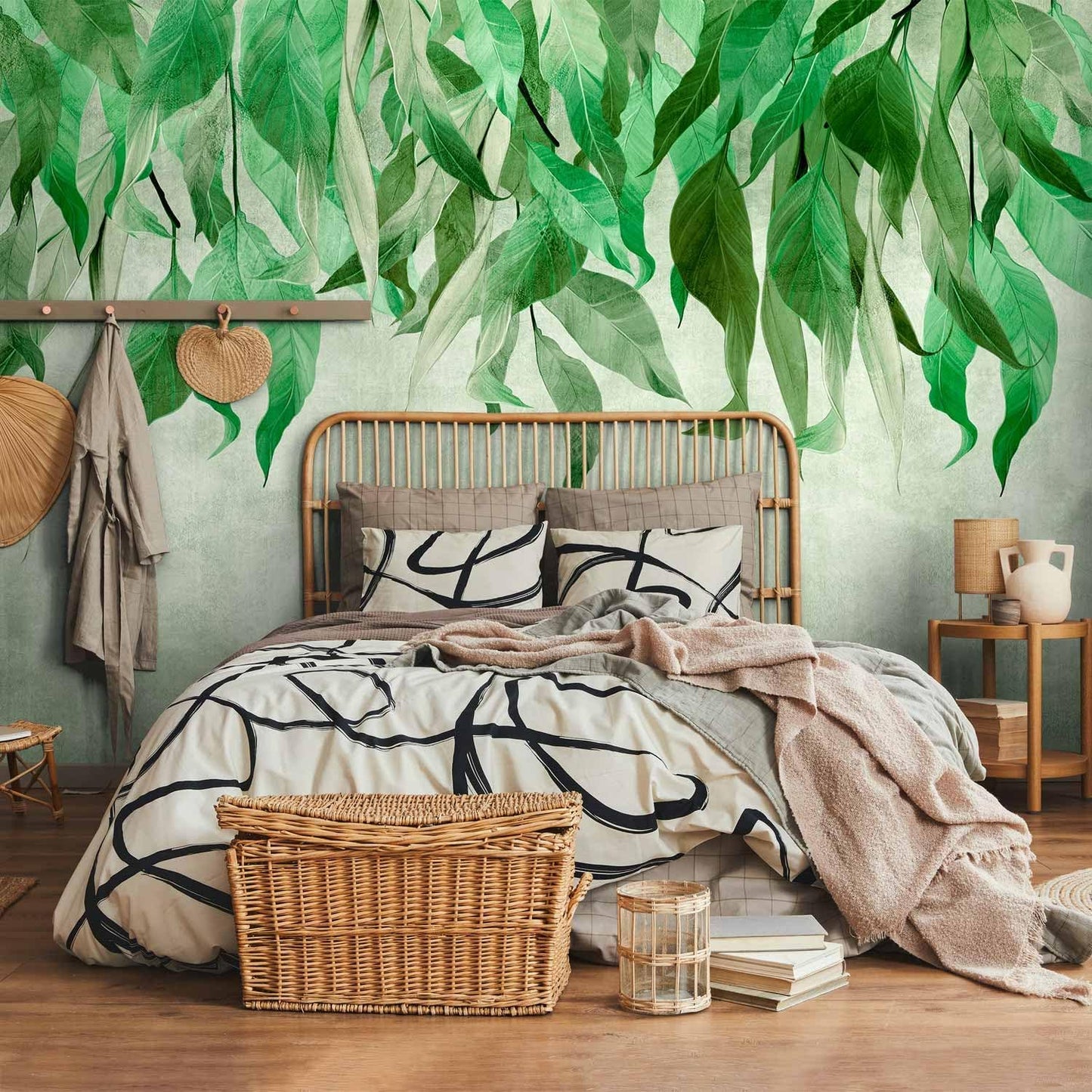 artgeist Wall Mural Hanging Leaves 77x55 in - Peel and Stick Self-Adhesive Wallpaper Removable Large Sticker Foil Wall Decor Print Picture Image Design Nature Botanical Concrete Green b-C-10146-a-a