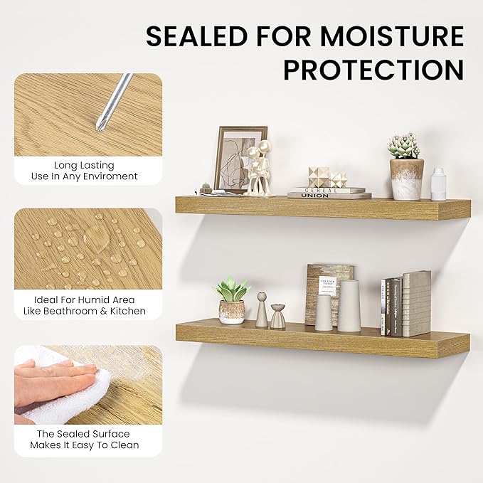 Floating Shelves for Wall, 55"W x 9.3"D x 1.5"H, Long Wooden Wall Mounted Display Shelves with Invisible Brackets for Living Room, Bedroom, Bathroom, Kitchen Decor and Storage, Set of 1, Oak