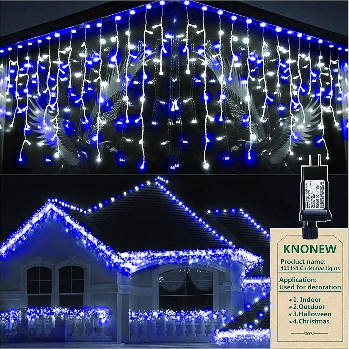 KNONEW Christmas Lights Outdoor Decorations 400 LED 33ft Curtain Fairy String Light with 75 Drops(Blue and White)