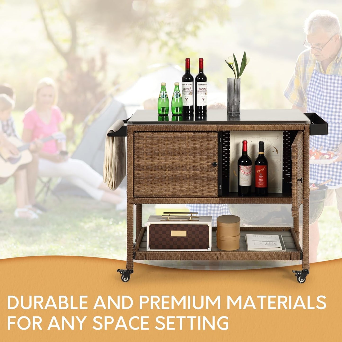 Wicker Outdoor Bar Cart with 4 Lockable Casters, Patio Prep Stainless Table with 2 Ratten Doors Storage Cabinet,Island Cart with WPC Shelf for Grill, Kitchen and Garden, Brown