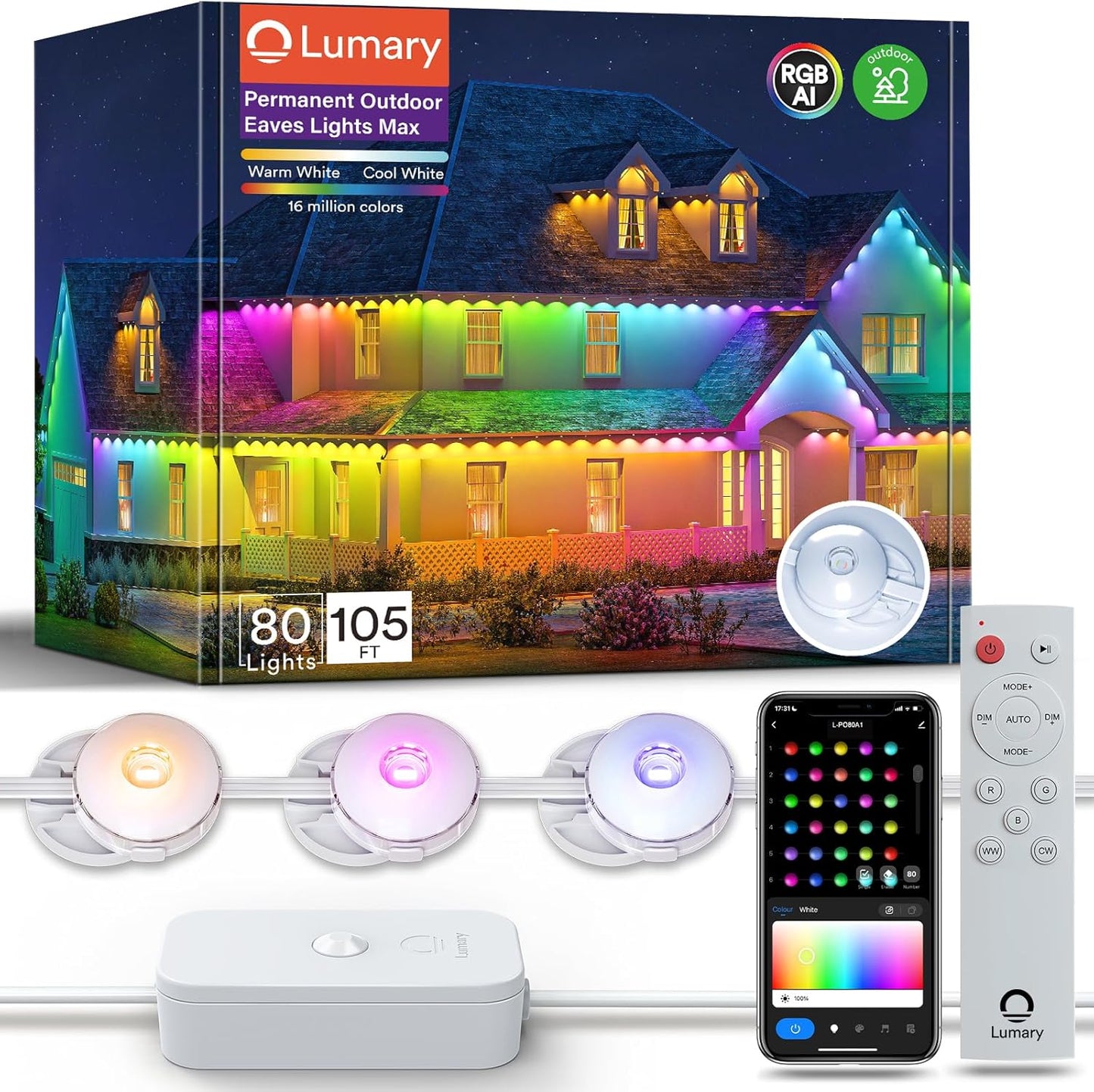Lumary Permanent Outdoor Lights Max, 105ft with 80 LED Eave Lights 4800LM, RGBAICW Smart Outdoor Lighting IP67 Waterproof, Scene Modes for Daily and Accent Lighting, Works with Alexa/Google Assistant