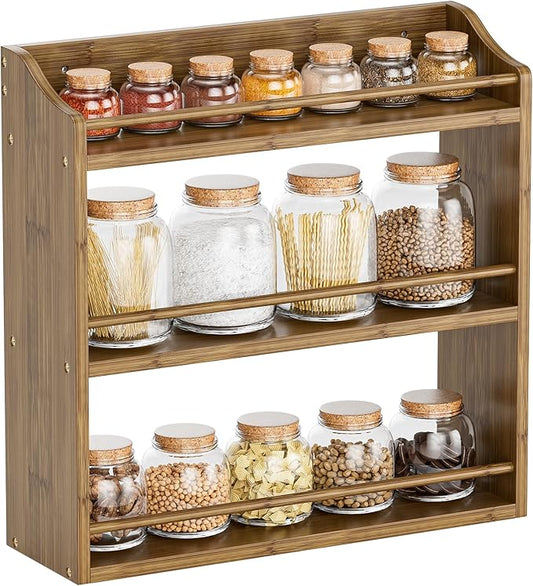 Spice Rack for Countertop, Bamboo Seasoning Jars Organizer Rack Shelf Wall Mounted, 15.83" W x 4.96" D x 15.75" H (Walnut)