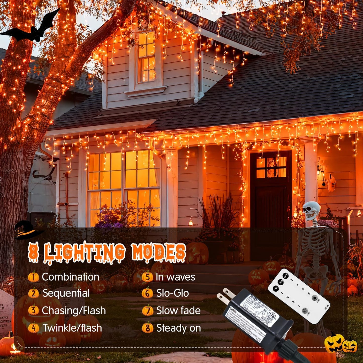JMEXSUSS Orange Halloween Lights Outdoor, 38.8 FT 400 LED Orange Icicle Lights Outdoor Waterproof, 8 Modes String Light Plug in for Fireplace Tree Garden Patio Thanksgiving Fall Halloween Decor
