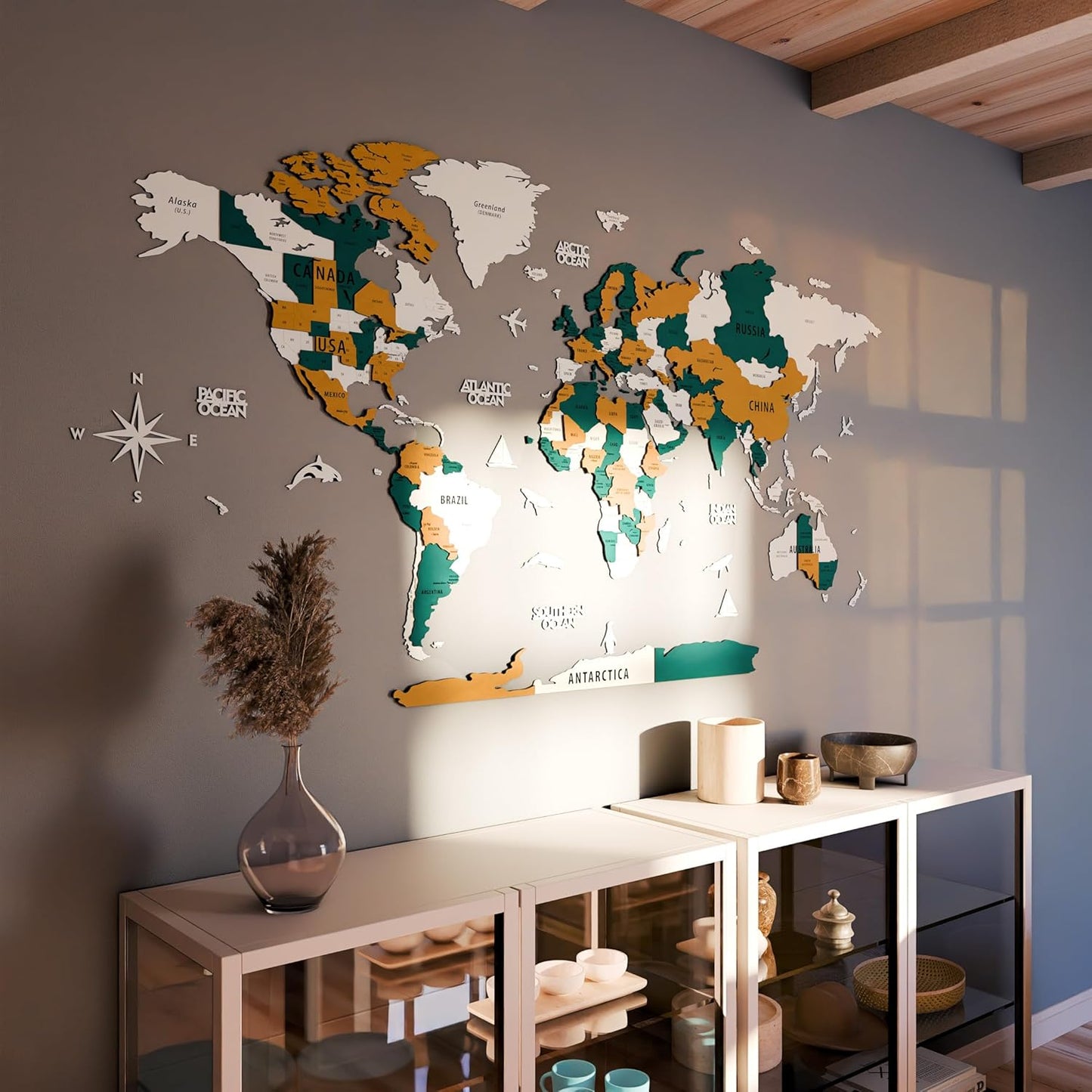 Colorfull Worlds 3D Wooden World Map Wall Art | Unique Wall Decor with Pins for Travel Enthusiasts | Home and Office Wall Décor | Gold-Blue | XLarge