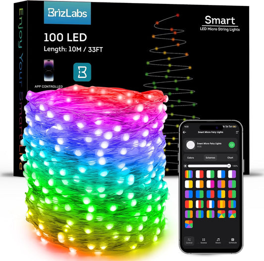 BrizLabs Smart Fairy Lights, 33ft 100 LED Color Changing Fairy Lights Work with Alexa/Google Home, WiFi Rainbow Christmas Light Dimmable RGB Twinkle Starry Light for Christmas Tree Home Party Decor