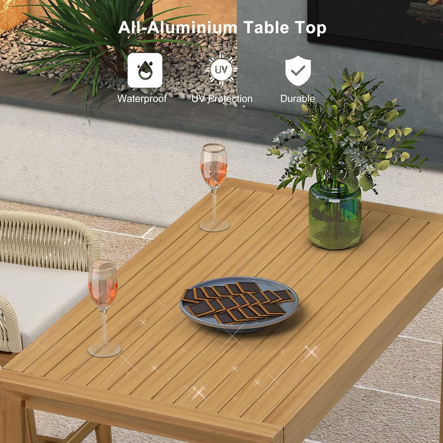 PURPLE LEAF 43.1'' Rectangle Outdoor Patio Bar Height Pub Table, Outside Aluminum Tall Kitchen Bar Table with Sturdy Legs for Bar Stool, Indoor and Outdoor, Garden, Teak