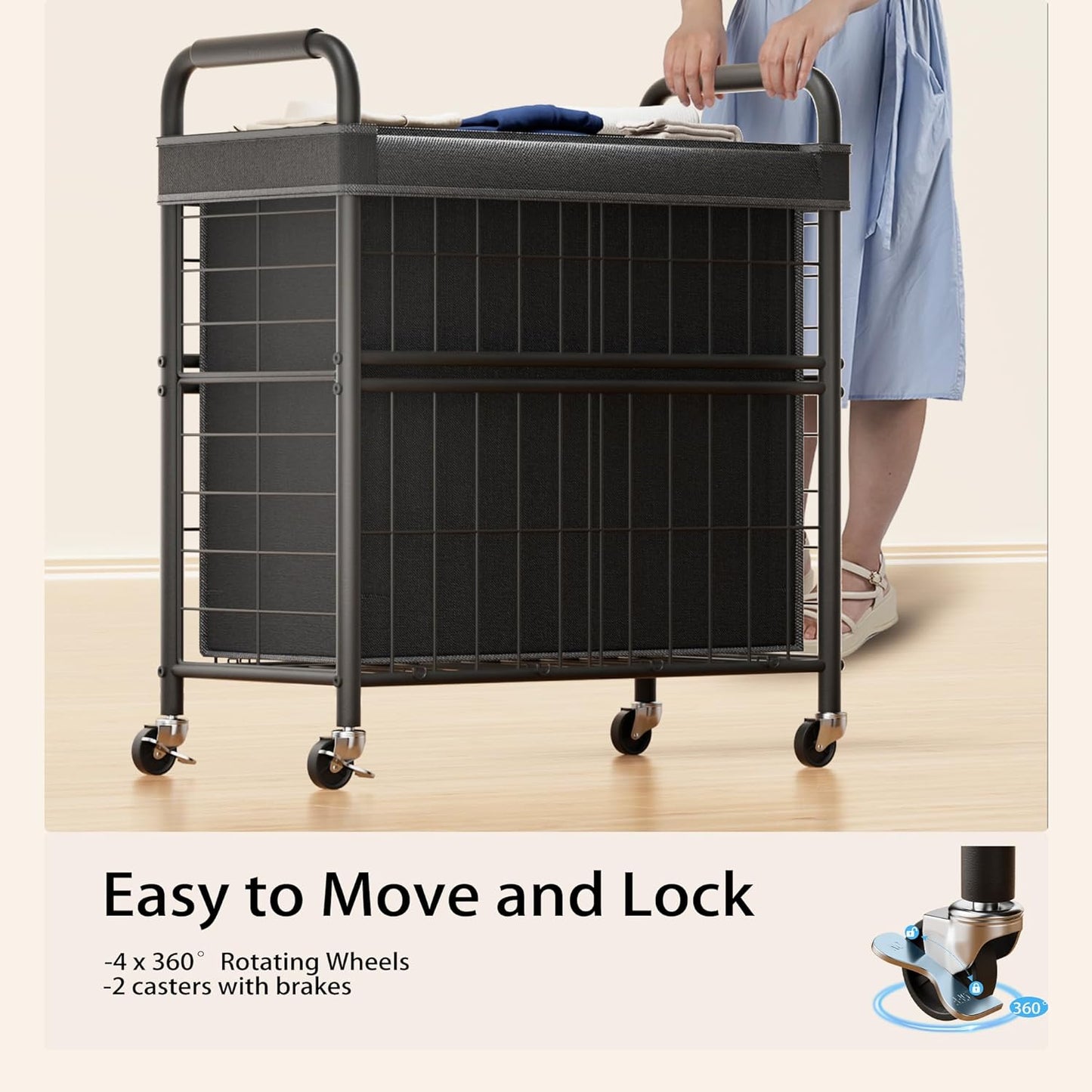 Laundry Hamper 3 Section, 145L Rolling Laundry Sorter Basket with Wheels, 3 Compartment Clothes Organizer Cart, Pull-Out Removable Bags for Laundry Room, Bathroom, Bedroom, Black