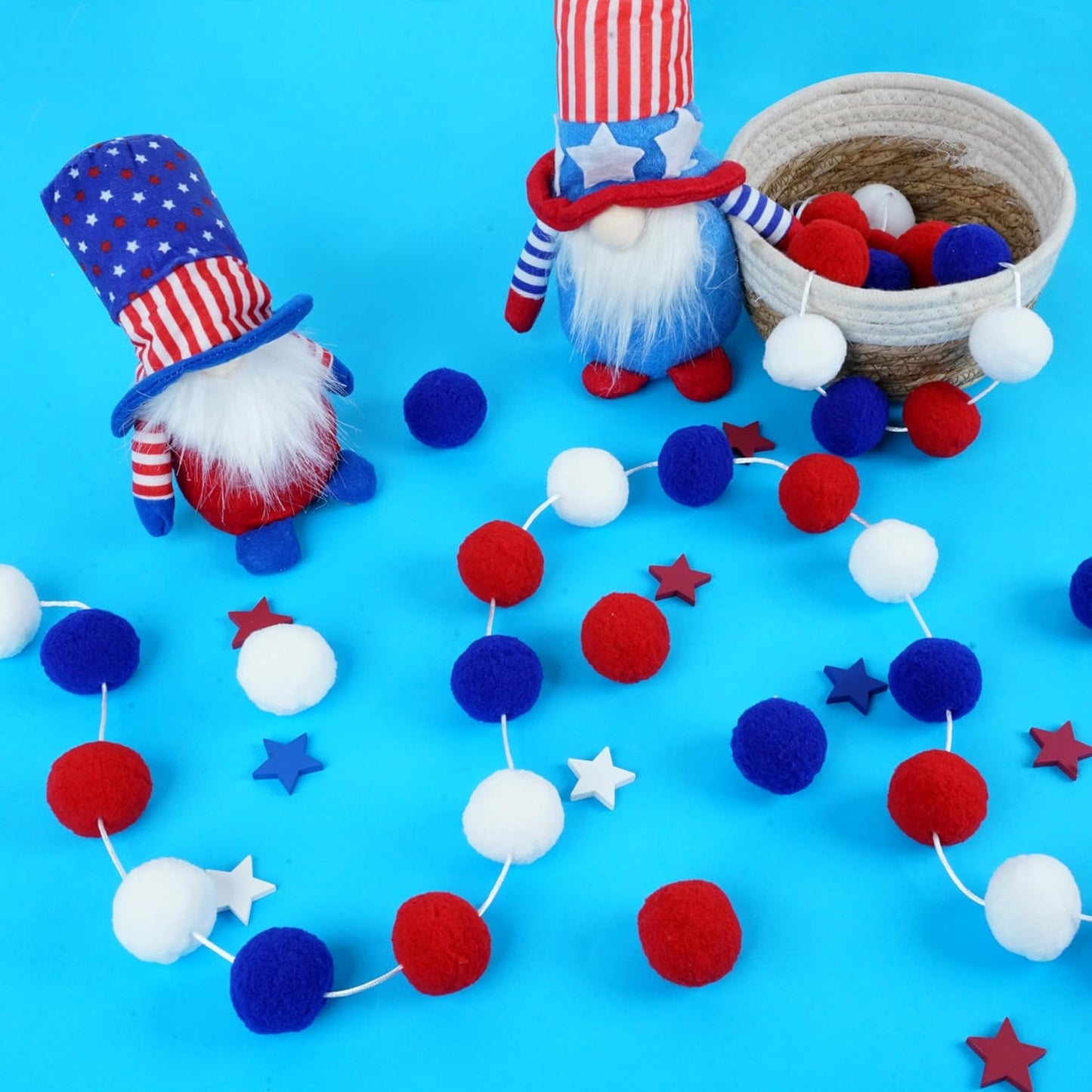 XmasExp 4th of July Pom Pom Garland Decorations - Large Felt Ball Garland for Mantle, Indoor Home Decor, Tree Ornaments, Kids Room and Party Hanging Decor,13 Ft.