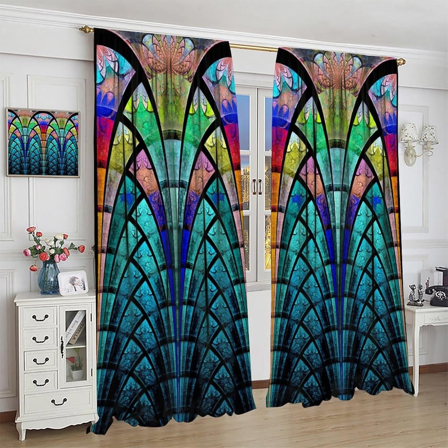 Stained Glass Curtains,Retro Design Style Colorful Abstract Art Home Decor Drapes for Bedroom Living Room Kitchen Window Treatment 2 Panels Set Total Size 55" W X 63" L Inch