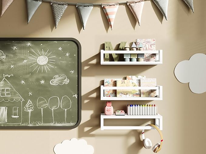 Upgraded Thick Floating Shelves - Multi-Use Wall-Mounted Bookshelves for Kids and Nursery, Ideal for Books, Toys, Spice Rack, Decor - White