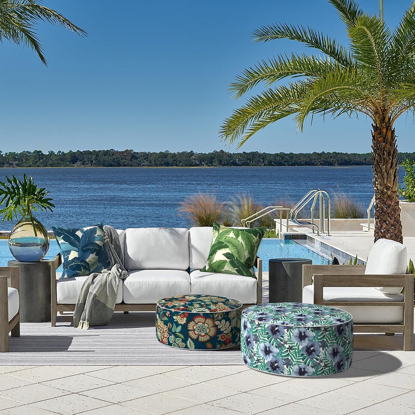 LVTXIII Indoor/Outdoor Inflatable Ottoman, D31 x H14 Inch Large Round Ottoman, All Weather Foot Rest Stool, Portable Footrest for Patio, Garden, Camping and Home - Blue Salmone Tropical