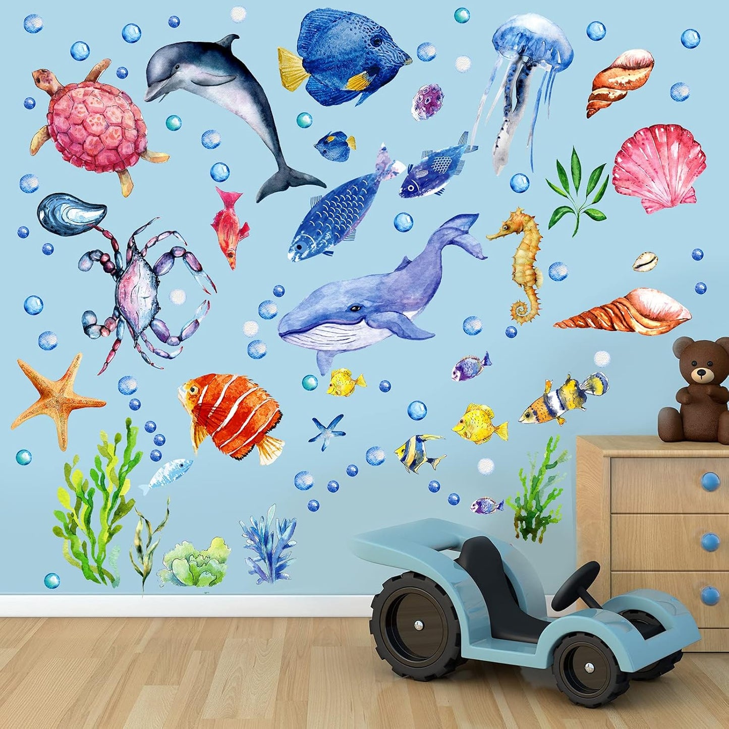 52 Pcs Ocean Fish Wall Decals Glow in The Dark Under The Sea Wall Decals Sea Animals Stickers Removable Waterproof Peel and Stick for Kids Bathroom Watercolor Ocean Decor(Cute Style)