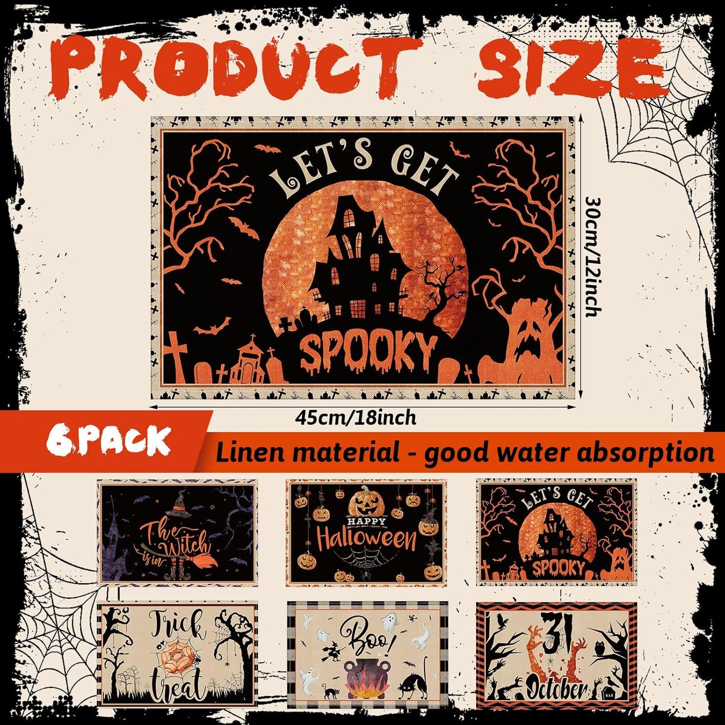 Umigy 6 Pcs Halloween Placemats 12"x18" Gothic Bat Placemats Kitchen Decoration Washable Witch Place Mats Rectangle Skull Table Mats for Halloween Dining Table Accessories(Classic)
