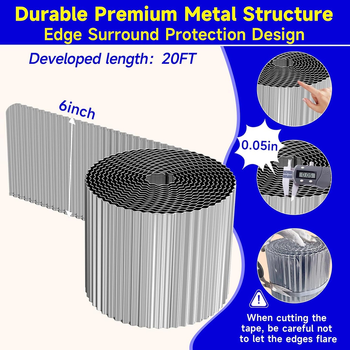 Corrugated Garden Edging,6"×20Ft Galvanized Steel Landscape Edging & Lawn Edging Border,Metal Garden Border for Flower Beds,Garden,Lawn,Raised Beds & Tree Surrounds(Silver)