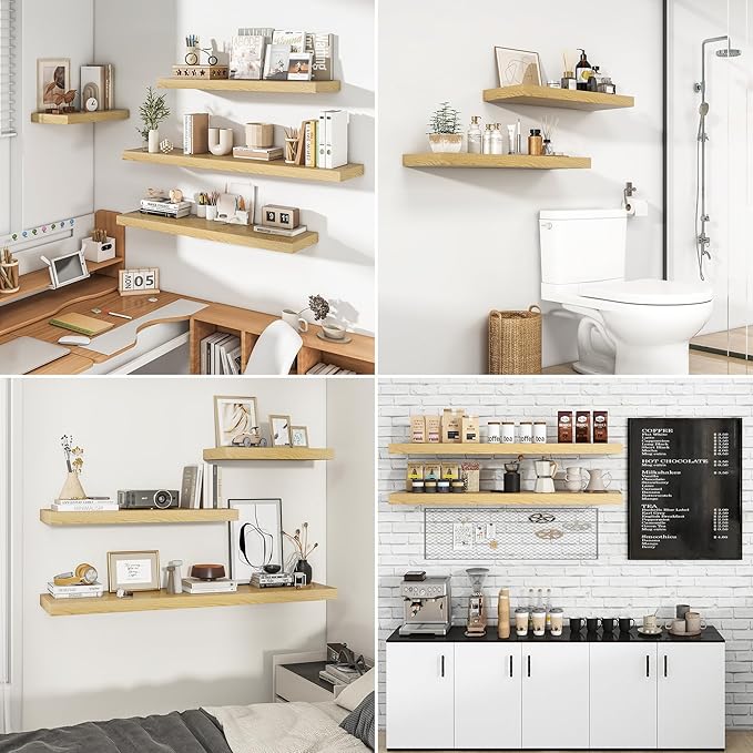 RICHFOCUS 36Inch Floating Shelves for Wall 2 Pack Shelves for Bedroom|Kitchen|Bathroom Wall Mounted Rustic Wood Floating Shelf with Invisible Brackets for Books|Storage|Decor, Oak