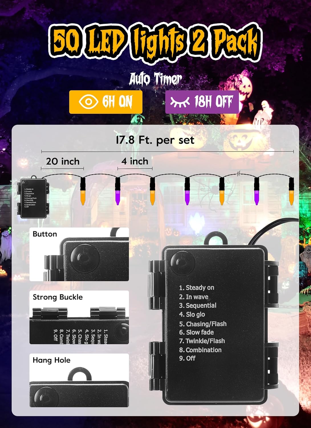 Halloween Orange Purple Outdoor Lights，17.8 Feet 50 LED Christmas Lights with 8 Modes，Waterproof Mini String Lights Battery Operated for Outdoor Indoor Use, Xmas Halloween Tree Holiday Party Patio