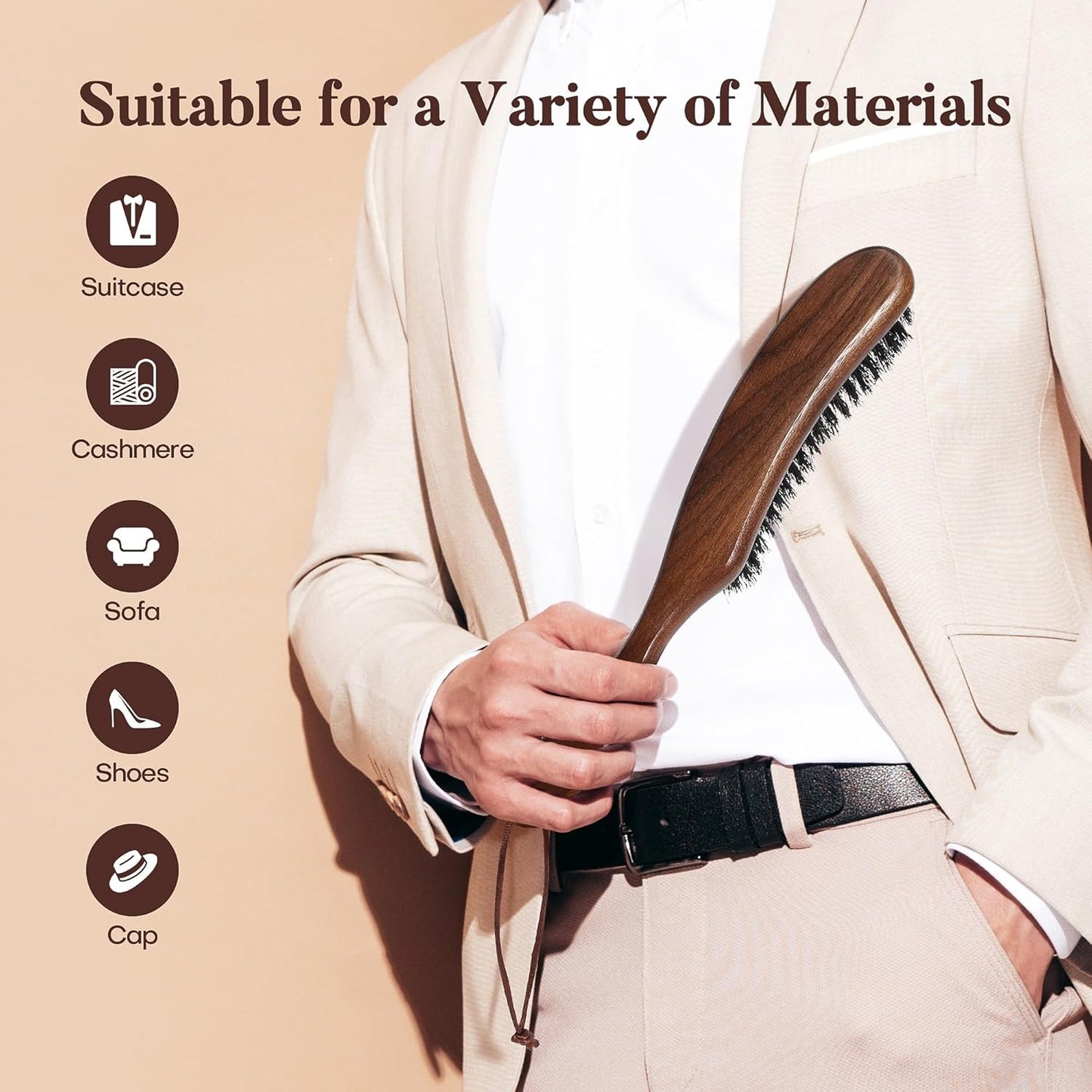 BFWood Clothes Brush - Boar Bristle Lint Brush for Suits, Cashmere, Wool, Velvet, Suede and Pet Hair - Large Black Walnut Wood Handle