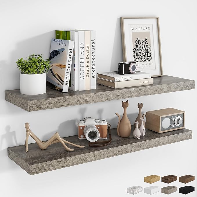 RICHFOCUS 40Inch Floating Shelves for Wall 2 Pack Shelves for Bedroom|Kitchen|Bathroom Wall Mounted Rustic Wood Floating Shelf with Invisible Brackets for Books|Storage|Decor, Grey