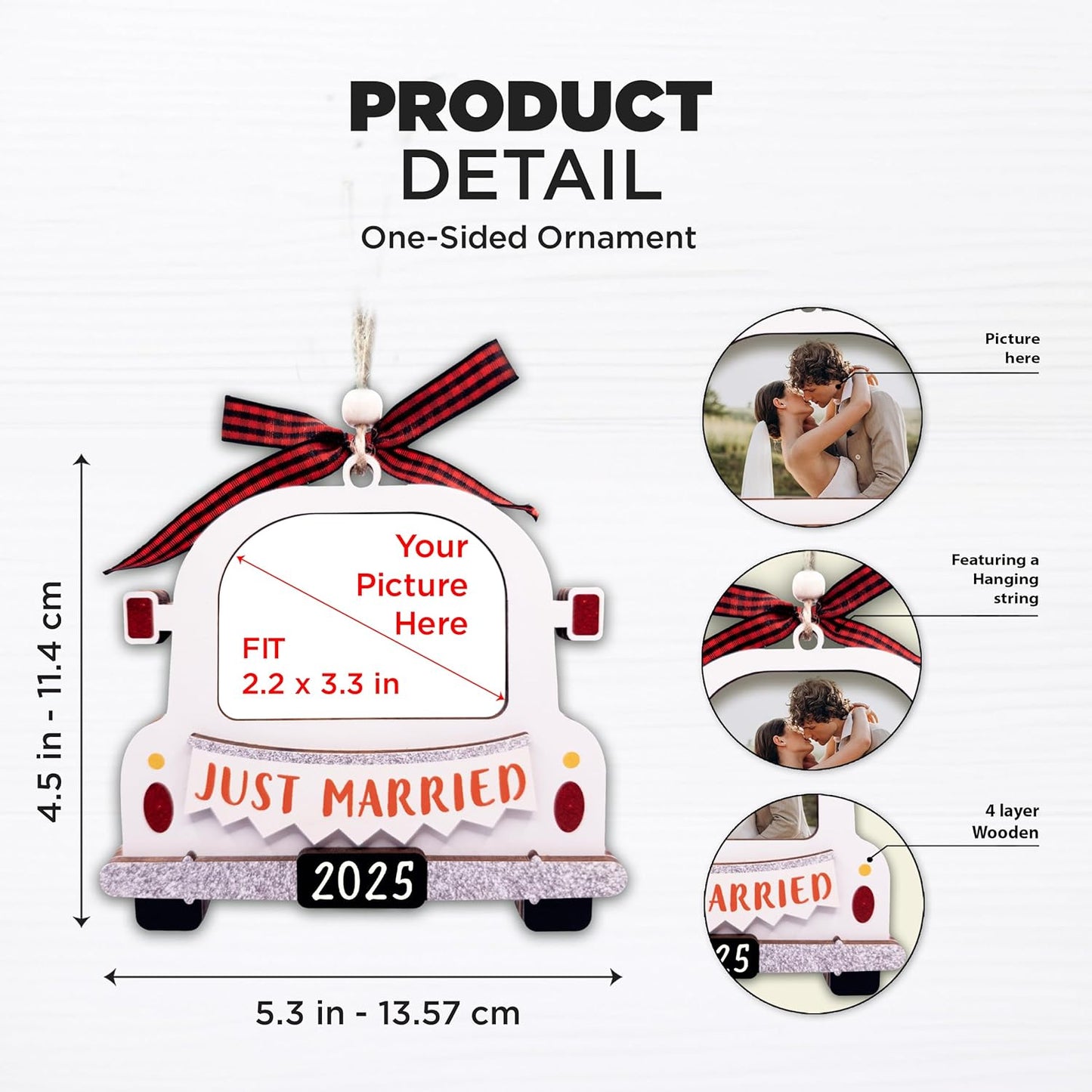 Christmas Photo Frame Ornament, 2025 Ornament, Wooden Picture Frame Ornaments With Hanging String (Just Married 2025)