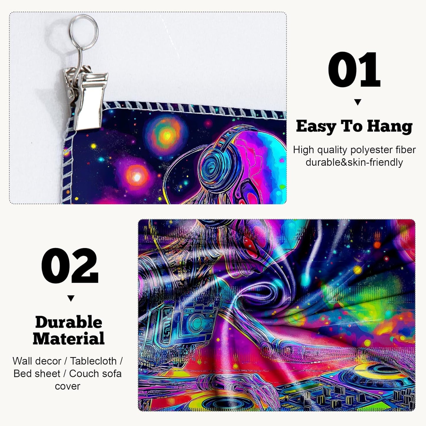 BVBOX Blacklight Space Alien Tapestry 79"x59", UV Reactive Glow in Dark DJ Alien Universe Galaxy Planet Music Tapestries, Black Light Neon Upright Poster Wall Hanging Backdrop Decor for Bedroom Living Room