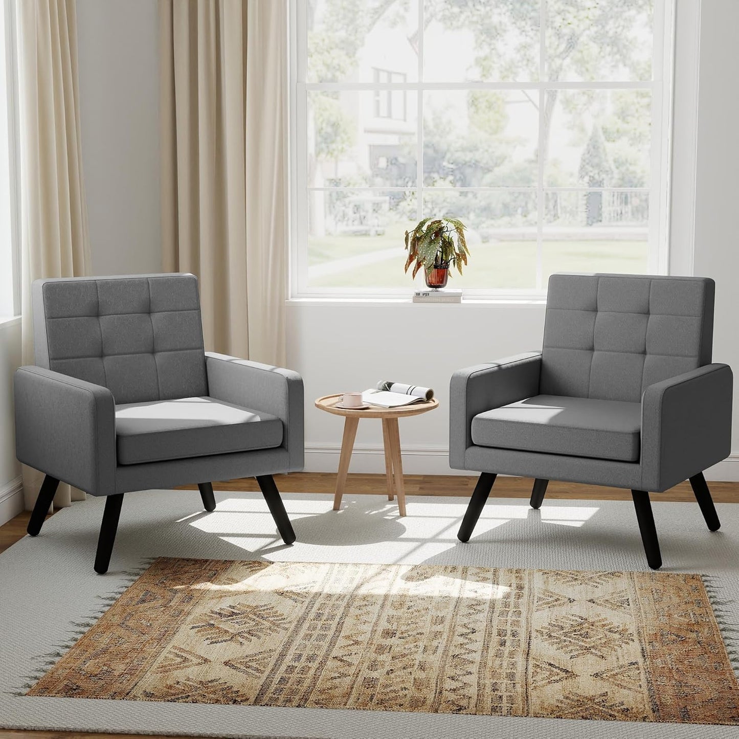 Kromax Mid-Century Modern Accent Chair Set of 2 for Living Room, 496 Lb. Weight Capacity, Dual Armrests, Comfy Extra Large Seat, Timeless Style Perfect for Reading & Relaxing, Light Grey