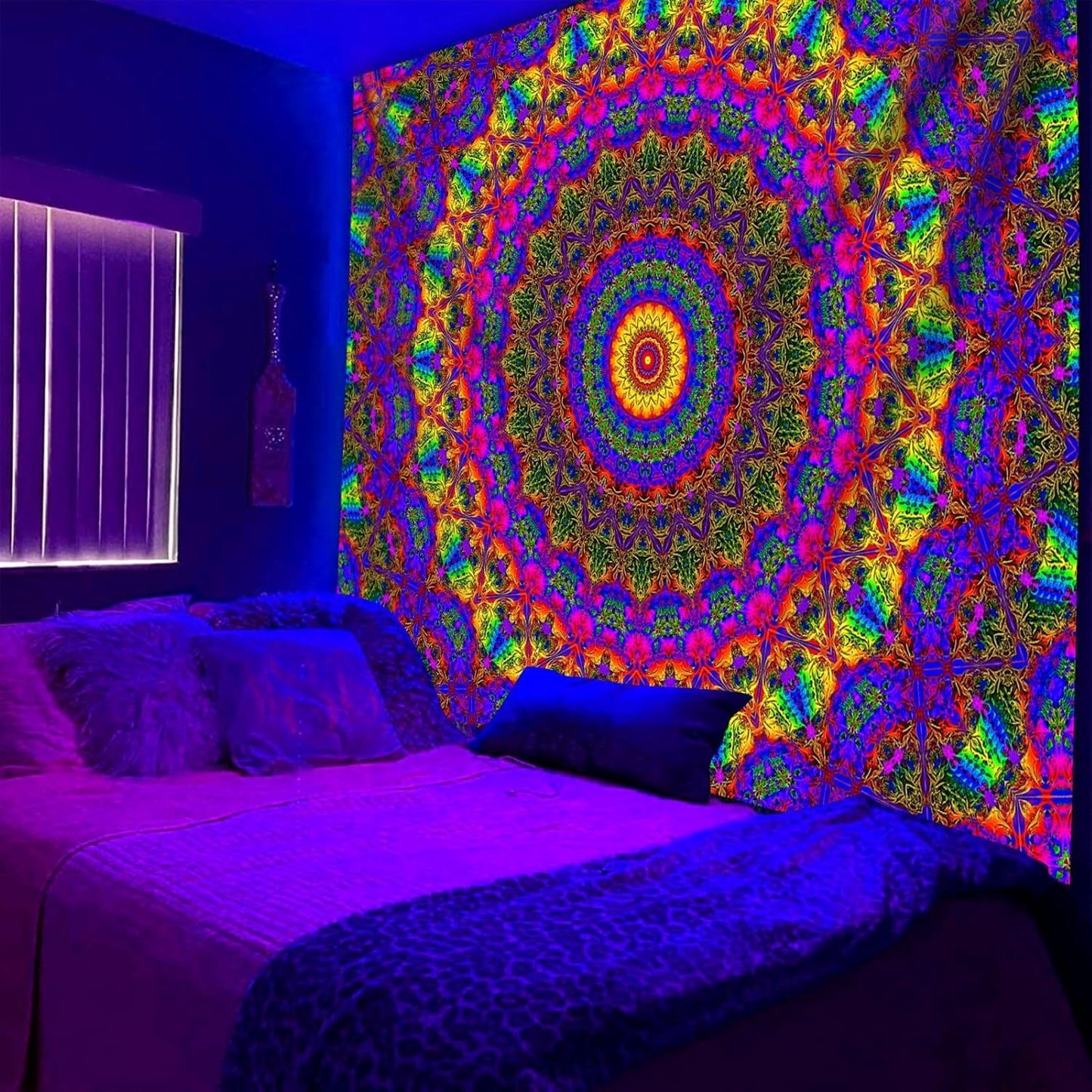 PSYHILAR Blacklight Mandala Boho Tapestry, Black Light Bohemian Hippie Poster for Adults and Teens, Aesthetic Colorful UV Reactive Wall Art Decor for Bedroom (40 x 30 Inches)