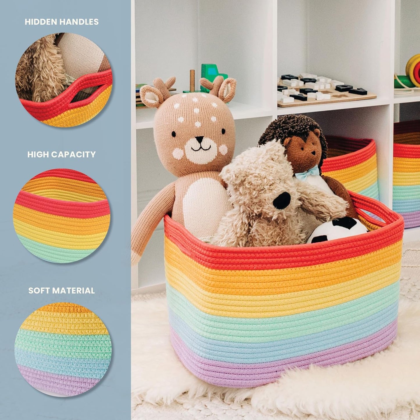 OrganiHaus Rainbow Woven Storage Baskets for Organizing, Cotton Rope Organizer Bins for Shelves, Closet & Nursery, Dog Toy Basket, Decorative Bins for Toys, Towels & Books - 15x10x9