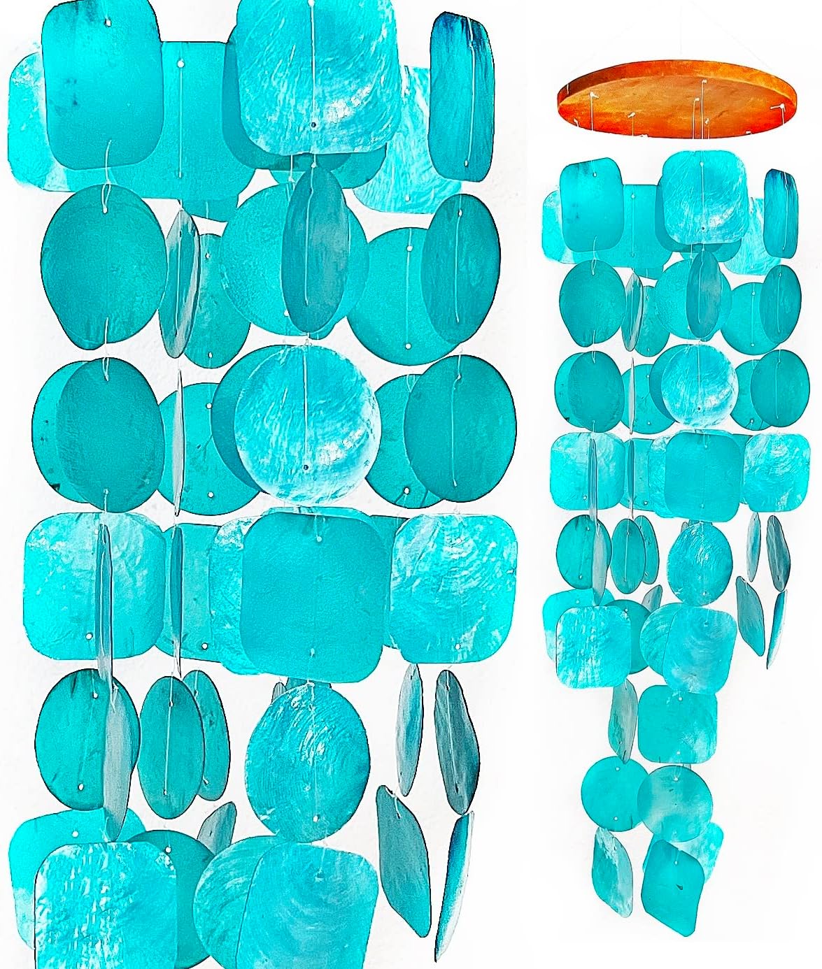Bellaa 20744 Wind Chimes Outdoor, Garden Decorations, Musical, Indoor/Outside Windchimes, Beach, Ocean Breeze, Gifts for Mom, Gift for All Occasions, Capiz Sea Glass Shells Wood Turquoise Blue