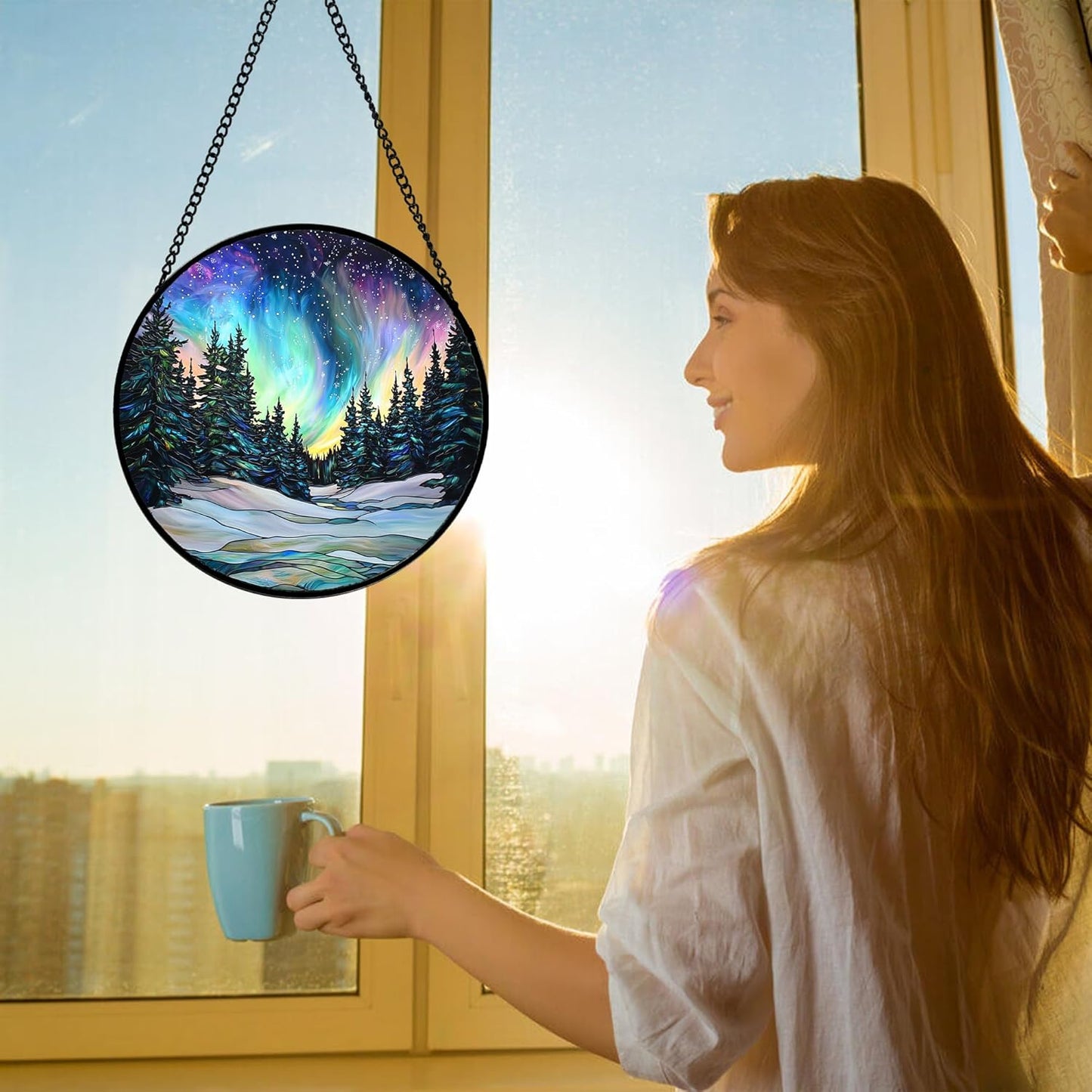 Stained Glass Window Hanging, Aurora Landscape Sun Catchers Glass Panel Green Trees Suncatcher Decor for Birthday for Women, Men, Wife, Aunt, and Mom 9.8 in