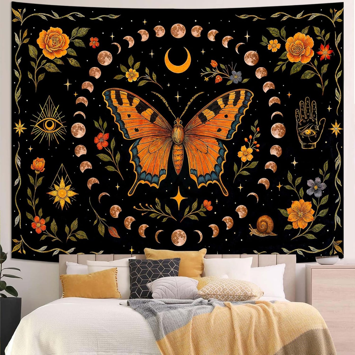 Lunerfex Moon Phase Butterfly Floral Wall Tapestry, Celestial Botanical Tapestries for Room Decor, Mystical Tapestry 90x70 Inch