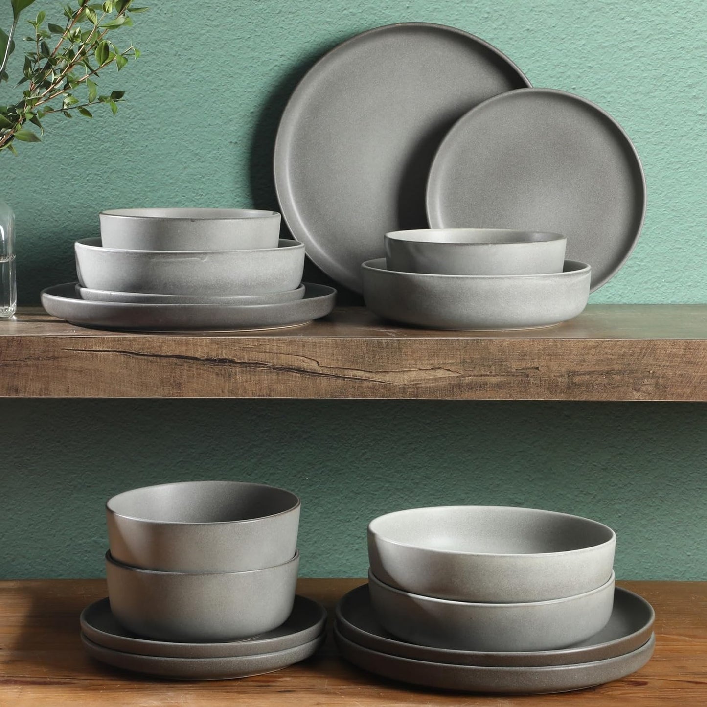 Gibson Elite Pasco 16 Piece (Service for 4) Plates and Bowls Double Bowl Reactive Glaze Dishes Stoneware Ceramic Dinnerware Set - Grey