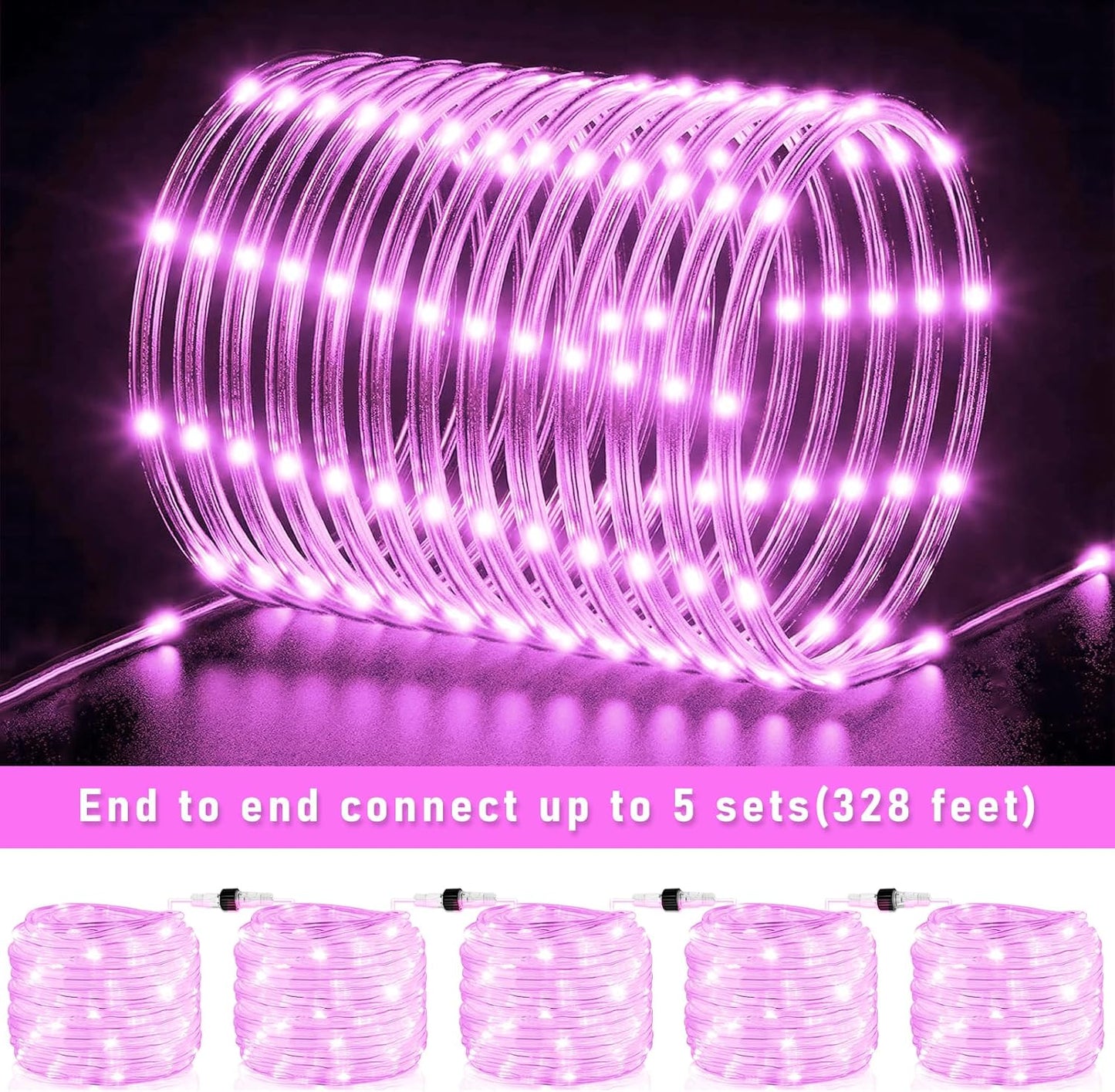 Rope Lights Outdoor, 66FT 200 LED Rope Lights for Outside Waterproof with 8 Modes, Flexible and Connectable Clear Tube Light for Indoor, Garden, Backyard, Patio, Pool, Tree Holiday Decorations - Pink